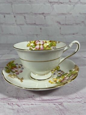 Vintage Royal Albert Clematis Floral Bone China Footed Teacup and Saucer Set
